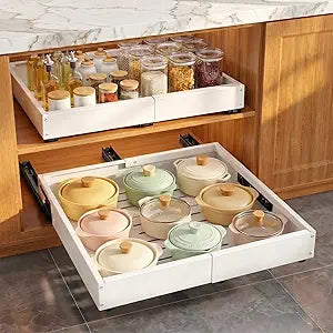 Pull Out Cabinet Organizer for Kitchen,Full Expandable Width 12"-19" Depth 16"-22" Cabinet Drawers Slide Out No Drill Adhesive,Cabinet Pull Out Shelves for Kitchen Pots Pans Spices 2Pack