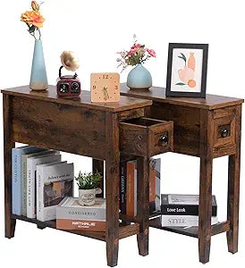 Brown 2 Pack Chairside Narrow End Table with Drawer, Solid Recliner Side Table with Storage Shelf, Slim Nightstand Bedside Table for Bedroom