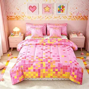 Feelyou Pink Yellow Gradient Pixel Full Comforter Set with Sheets for Kids Boys Girls Cute Gamer Girl Bedroom 7 Pieces Bedding Set Retro Pixel Bed in a Bag Nostalgic 8-bit Room Decor Microfiber