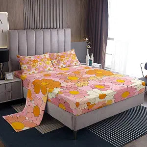 60s 70s Groovy Flower Sheet Set Full,Hippie Funky Flower Bed Sheets for Kids Boys Girls,Rainbow Vintage Floral Bedding Set,Bohemia Cartoon Botanical Florals Fitted Sheet + Flat Sheet + 2 Pillowcases