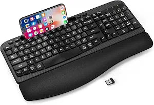 EAYBLLY 2.4G Wireless Ergonomic Keyboard, Full Size Wave Keys with Memory Foam Wrist Rest & 7.28in Phone Holder, USB-C Adapter Included for Windows Mac Chrome OS, Office or Home (Black)