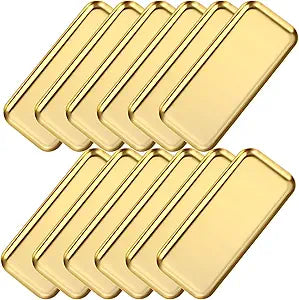 Vesici 12 Pcs 8.66 x 3.82 inches Small Gold Tray Bulk, Stainless Steel Rectangle Serving Trays Trinket Decorative Bathroom Tray for Vanity Jewelry Makeup Towel, Dish Plate Tea Fruit Storage Platter