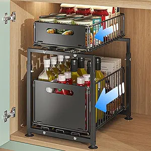 Under Sink Organizer, 2-Tier Multi-Use Kitchen and Bathroom Organizers and Storage, Slide Out Thickened Metal Under The Sink Organizer for Kitchen Bathroom Pantry (Style A Black, 1 Pack)
