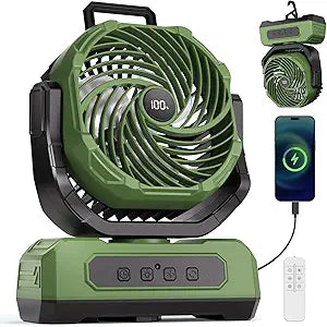 30000mAh Portable Camping Fan with RGB Lantern, Rechargeable Battery Powered Oscillating 4 Wind Speeds LED Display, Remote Control Timer Tent Beach Cordless USB Fans for Travel Home Outdoor, Green