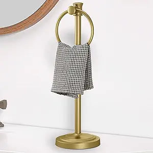 Hoimpro 17 Inch Stand Hand Towel Holder Towel Bar Towel Hanging Ring, Free Standing Floor Hand Towel Rack Storage for Bathroom Kitchen Vanity Countertops, Hardware Accessories(Brushed Gold)