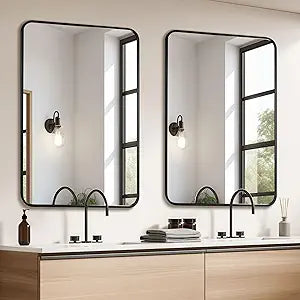 2 Pcs 24 x 36 Inch Black Metal Framed Bathroom Mirror for Wall, Rounded Rectangle Mirror Matte Black Bathroom Vanity Mirror,Anti-Rust, Hangs Horizontally or Vertically (2, Black, 24"36")