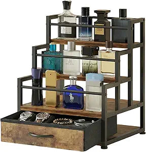 3-Tier Cologne Stand with Fabric Drawer, Cologne Organizer for Men, Spacious Wine Rack,Coffee Syrup Stand for Kitchen, Bathroom & Bar Counter Dcor