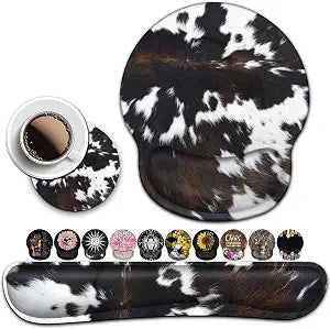 BROWN COW Ergonomic Mouse Pad and Keyboard Wrist Rest - Easy Typing Pain Relief, Memory Foam, Cute Cowhide Design