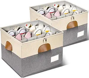 2 Pack Shoe Organizer for Closet, Adjustable Shoe Box Storage Containers, Large Foldable Shoe Bins with Clear Cover, Space Saving Shoes Holder with 4 Handles, Fits 16-32 Pairs, Beige