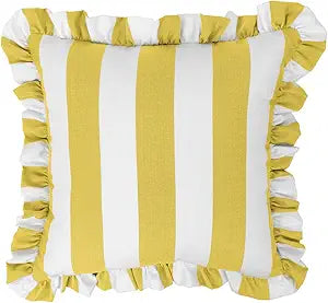 Sherry Kline Cabana Stripe Outdoor Throw Pillow Set of 2, 18x18 Inch Square Decorative Cushions with 2" Ruffle Trim, Reversible Indoor Patio Porch Pool Sofa Accent Pillows, Made in USA  Yellow/White