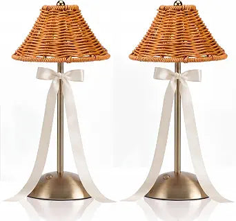 2 Pack Wedding Rattan Wicker Cordless Table Lamps with Bows