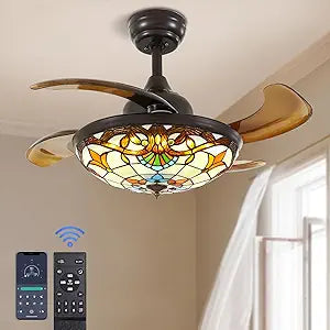 36" Tiffany Style Ceiling Fan with Lights, Remote Control Led Dimmable Fandelier Fixture with 4 Retractable Reverse Blades, Vintage Stained Glass Suit for Bedroom Living Room