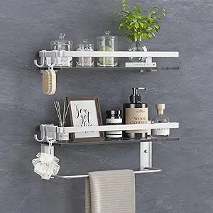 VOLPONE Glass Shelf for Bathroom 15.7 in Bathroom Shelves with Towel Bar Tempered Glass Shelves with 4 Removable Hooks for Wall2 Tier
