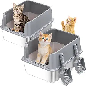 2PACK Stainless Steel Cat Litter Box, Metal Kitty Litter Box with High Sides for Small Cats,Kittens, Open Top Litter Boxes with Anti-Leak Lid,Odorless,Non-Sticky, Easy to Clean,Scoop Include,M