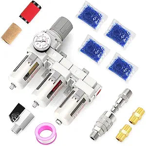 MEANLIN 3/8" NPT 3 Stage Aluminium Air Drying System with 150PSI Gauge, Coalescing Filter, Particulate Filter, Desiccant Dryer and Air Regulator, Manual Drain For Plasma Cutter and Paint Spray