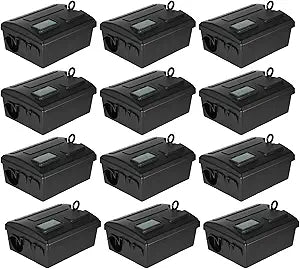 12 Pack Rat Bait Station with Clear Observation Window, Pet & Child Safe Lockable Mouse Trap Box for Indoor Outdoor, Heavy Duty Rodent Bait Box for Home Garage Attic