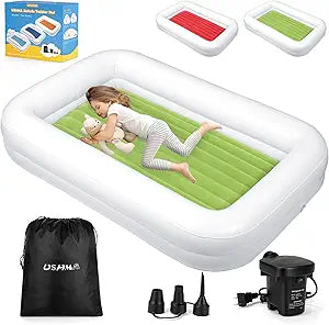 USHMA Toddler Travel Bed [4-Side] | Reversible 2 Colors Kids Air Mattress | Inflatable Toddler Bed | Portable Kids Blow Up Travel Bed with Sides, Red & Green