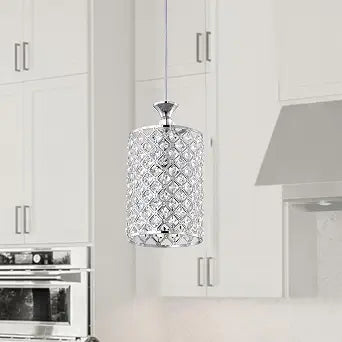 Edvivi Marya Modern Pendant Light with Crystal Shade, Chrome Round Beaded Drum Glam Lighting, 1-Light Adjustable Height Hanging Ceiling Fixture for Kitchen Island, Dining Room, Home Decor, 5.9 in. Dia