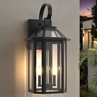 Large Outdoor Wall Lantern 2-Light, 26.3 Inch Waterproof Exterior Wall Sconce Light Fixtures, Glass Porch Lights for Front Door, Patio, and House Garage, Black