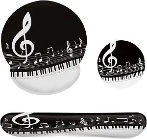 Black and White Piano Notes Mouse Pad with Wrist Rest Set, 3-in-1 Wrist Support Mousepad Set, Gaming Mat Pad with Anti-Skid Base,Ergonomic Memory Foam Mouse Pad Set for Women, Office, Typing, Gaming