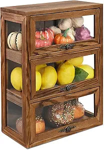 Ikee Design Wooden 3-Level Glass Display Case Cabinet with Magnetic Doors, Countertop Storage Kitchen Sideboard Organizer for Eyewear, Mugs Cups, Pastry, Collectibles, Brown, 12.2W x 6.2D x 15.7H in