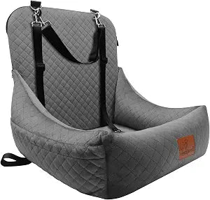 Car Dog Seat,Pet Carseats for Dogs up to 30lbs,Safe and Comfy Puppy Travel Car Bed with Storage Pockets and 2 Safety Belt,Ultra Soft Fabric, Easy to Install,Fully Removable Washable the Covered,Grey