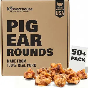 K9warehouse Premium Natural Pig Ears Rounds Packed in USA - 50 Count Pig Ears for Dogs Large - Tasty Pigs Ear Dog Treats - Bulk Pig Ears for Large/Small Dogs - Ideal Dog Pigs Ears Made for Training