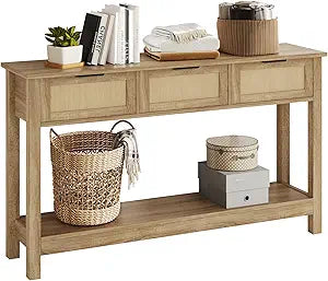 Luoxiao Rattan Console Table Boho Entryway Table with 3 Drawers Storage, Narrow Long Behind Couch Sofa Table for Living Room Side Table Entry Way Table Entrance Hallway Foyer, Natural, 47 Inch