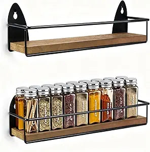 TJ.MOREE 2 Pack Spice Rack Wall Mount Rustic Style Hanging Spice Organizer for Wall, Kitchen Spice Storage,Black