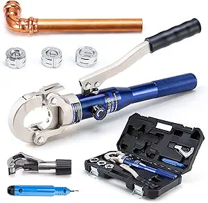 Copper Tube Fittings Hydraulic Pipe Crimping Tool with 1/2",3/4" and 1" Jaw Copper Pipe Press Crimper Pressing Pliers, with Pipe Cutter