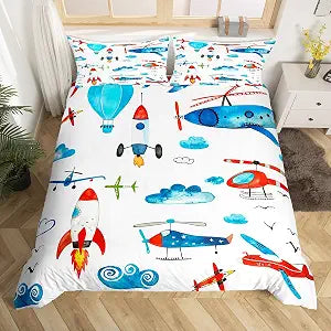 Feelyou Aircraft Bedding Set for Children Kids Colorful Cartoon Airplane Comforter Cover Nursery Helicopter Flying Plane Duvet Cover Toddler Room Decor Travel Bedspread Twin Size (No Comforter)