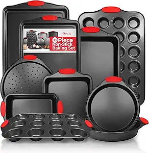PERLLI Non-Stick 10-Piece Baking Pan Set, BPA-Free Carbon Steel Bakeware Set with Silicone Handles, Stackable Kitchen Oven Set, Cookie Sheet, Baking Tray, Baking Sheet Set, Oven Safe (446F)