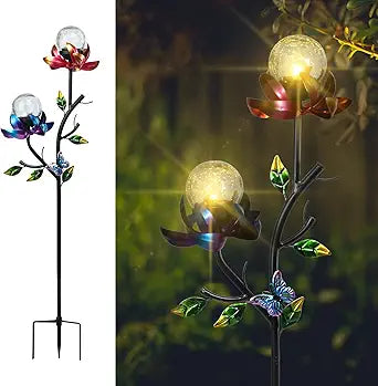 VCUTEKA Solar Garden Flowers with LED Light Crackle Glass Globe Solar Lights Outdoor Metal Stake Wind Spinner for Garden Decoration, Patio Decor, Yard Decor and Gift for Mother