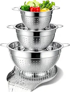 Palksky Stainless Steel Colander Set with Handles & Self-Draining Base, 3 Sizes (7, 9, 11), Heavy Duty Pasta Strainer, Rice & Vegetable Strainer, Countertop Draining System