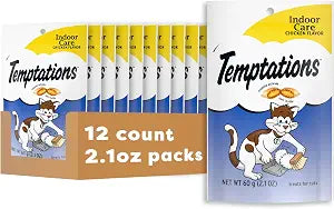 Temptations Cat Treats Indoor Care, Classic Crunchy and Soft Cat Treats, Tasty Chicken Flavor, 2.1 oz. Pouch (Pack of 12)