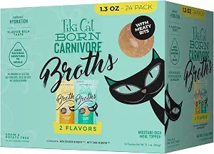 Tiki Cat Born Carnivore Broths, Variety Pack, Hydration and Flavor Supplement Cat Food Topper, 1.3 oz. Pouch (Pack of 24)