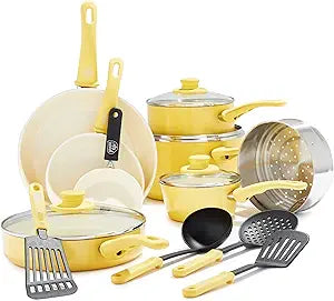 GreenLife 16 Piece Nonstick Cookware Set, Soft Grip Non-Toxic PFAS-Free Ceramic Pots & Pans, Dishwasher & Oven Safe, Frying, Sauce, Saute, Utensils, Glass Lids, Stay-Cool Handles, Wobble Free, Yellow