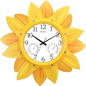 OCEST 24 Inch Outdoor Wall Clock, Waterproof Sunflower Clock with Thermometer & Hygrometer, Silent Non-Ticking Metal Petal Design for Patio, Garden, Pool, Garage