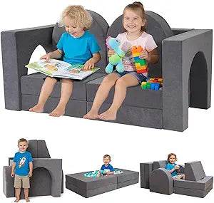 Fvkind 10 Pcs Modular Kids Play Couch, Multifunctional Foam Kids Couch for Playroom, Convertible Sectional Toddler Sofa for Boys and Girls, Toddler Sofa with Premium Foam and Washable Cover, Grey