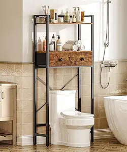 HOOBRO Over The Toilet Storage Rack with 2 Drawers, 3-Tier Bathroom Organizer Shelf Over Toilet, Freestanding Space Saver Bathroom Toilet Shelves Above Toilet for Room, Rustic Brown and Black BF47TS01