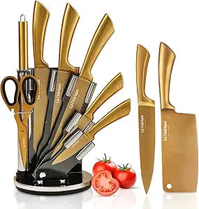 Luxury Silver & Gold Kitchen Knife Set with Block & Rod Sharpener  8-Piece Titanium-Coated Stainless Steel Knives Set, Super Sharp Cutlery Tools, Stylish Knives Set for Kitchen
