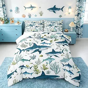 Feelyou Shark Comforter Set Twin Size Fish Bedding Set Kids Boys Girls Ocean Creature Themed Comforter Sea Underwater World Quilt Set