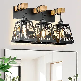 Rustic Bathroom Light Fixtures-Deer Bear,3-Light Metal Shade Wood
