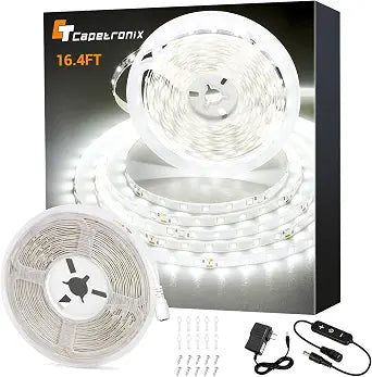 CT CAPETRONIX White LED Strip Light, 16.4 Feet 24 Volt LED Light Strip White, 6000K-6500K Daylight Super Bright LED Tape Light for Bedroom, Kitchen, Closet, Cabinet, Mirror, IndoorDimmer Included