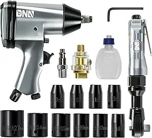 DNA MOTORING 17 Pcs Air Tool Kit 1/2-Inch Pneumatic Air Impact & Ratchet Wrench Kit Torque Wrench for Repairs, w/Case, Sliver/Black, TOOLS-00530