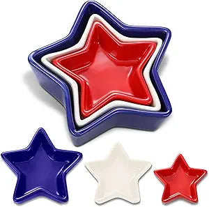 Yungyan 3 Pcs 4th of July Serving Bowls Red White Blue Patriotic Star Shaped Ceramic Nesting Prep Bowls Set 3-size 250th Anniversary Serving Dish for American Independence Memorial Day Kitchen Dining
