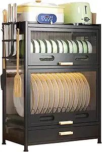 Kitchen Countertop Dish Storage Cabinet with Drawers, 4-Layer Dust-Proof Cabinet for Bottles, Bowls, Console Dining Cupboard (Black)