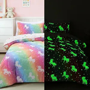 Meeting Story Girls Twin Comforter Set with Sheets, Glow in the Dark Unicorn Bedding Set for Kids, Gradient Pink Yellow Background Twin Bed Set(Twin,Yellowpink)