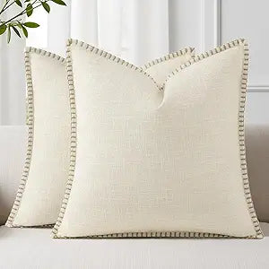 decorUhome Fall Decorative Throw Pillow Covers 26x26 Set of 2 Faux Linen Farmhouse Euro Sham Pillow Covers with Stitched Edge Outdoor Neutral Pillow Covers for Couch Sofa Living Room, Cream White