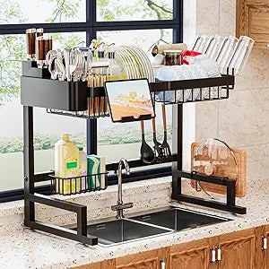 ilvvan Over Sink Dish Drying Rack (Expandable Height/Length) Snap-On Design Large Dish Drainer Storage Counter Organizer 24" - 35.5"(L) x 12"(W) x 19" - 22"(H)